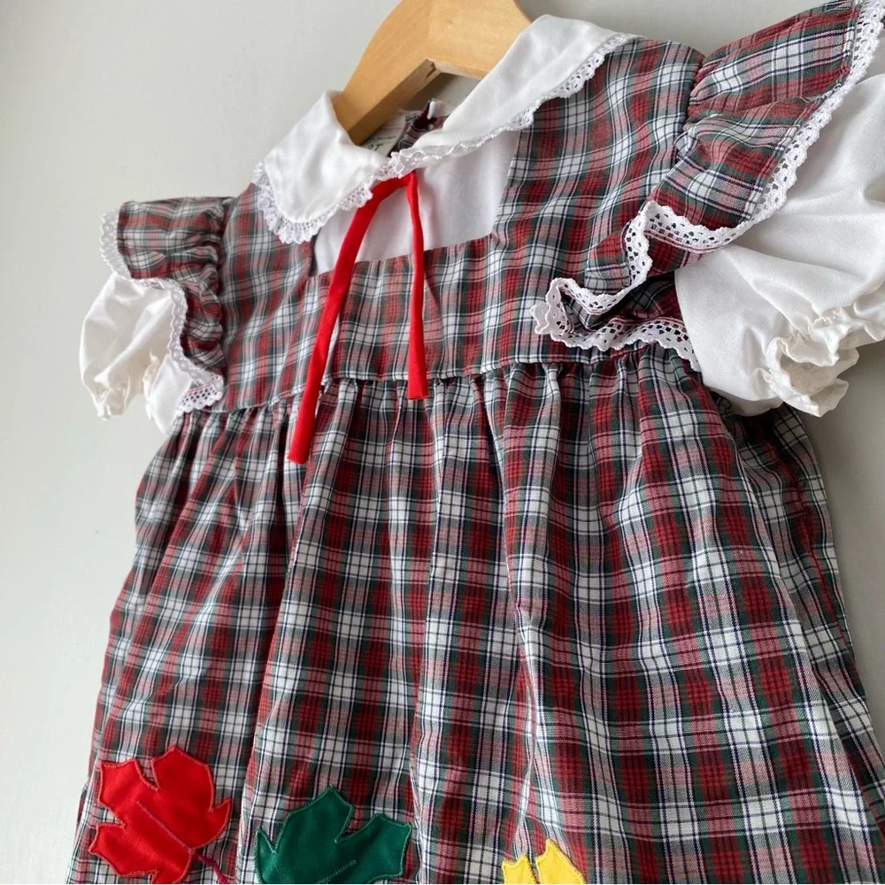 Vintage JCPenney Toddletime Puff Sleeve Plaid Fall Leaf Embroidered Dress 2-3T
